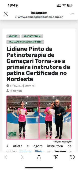 Captura da publicação do Camaçari Esportes sobre Lidiane e a patinoterapia